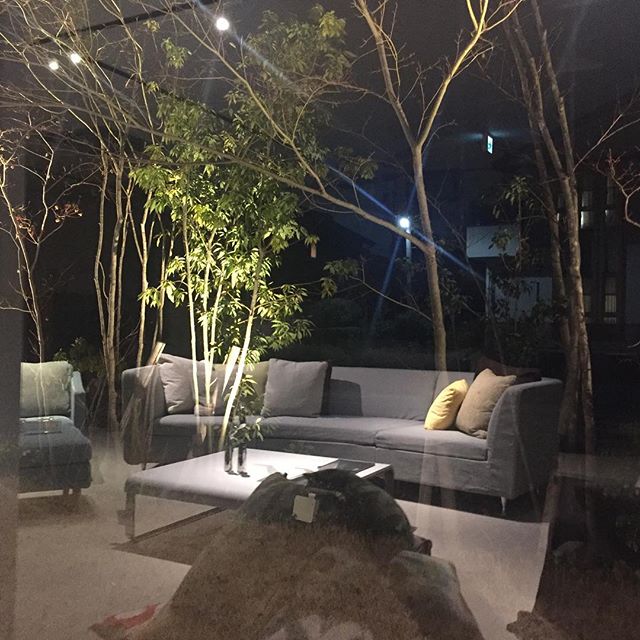ウィンドウに映るソファ。庭に溶け込んでいます！#ソファ #ウィンドウ #浜松市 #夜の風景 #interiordesign #夜景 #折々ギャラリー #oriori#ラグデザイン #インテリア #インテリアショップ #イタリアファブリック