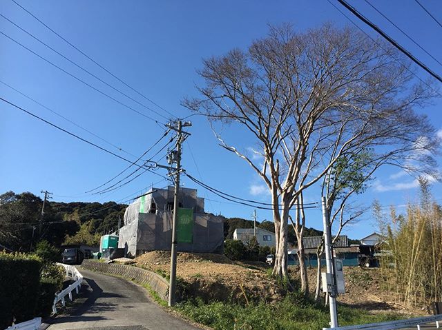 「鶴ヶ池の家」にお越しの際には大木とグリーンのラクデザイン看板を目印にして下さい。青空と遠くの山々を望む為に建てた家です。サロンスペースは特別展望室になっています。是非現場に来て、眺望を活かした空間を体験して下さいませ。#鶴ヶ池 #眺望の良い家 #見学会 #現場見学会 #工務店 #住宅設計 #鉄骨階段 #グランドピアノがある家 #サロンスペース #ラグデザイン